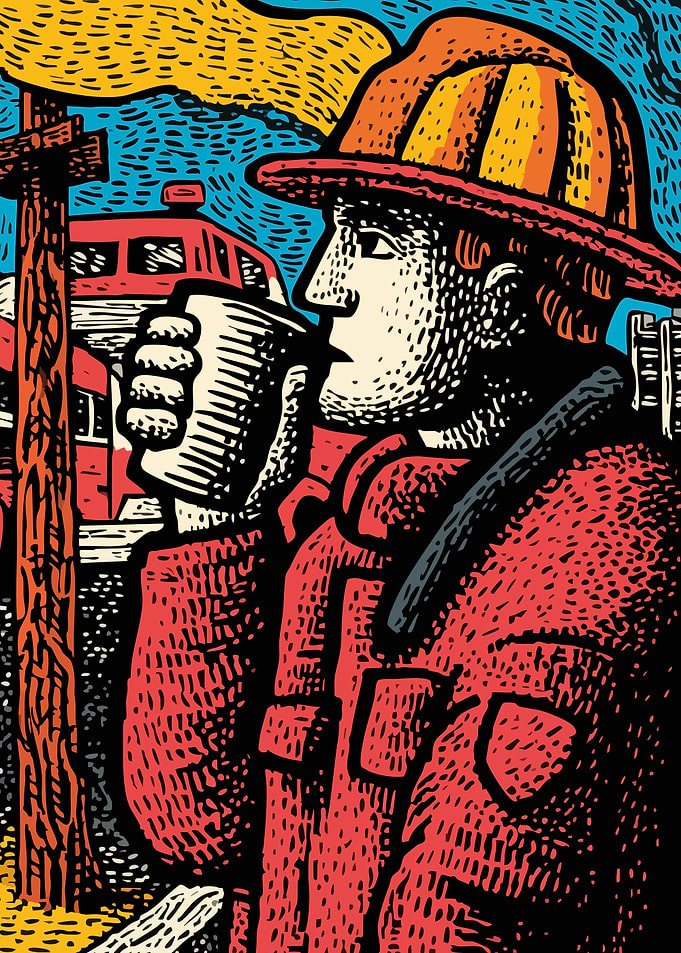 Firefighter Drinking Coffee - Pop Art Linocut