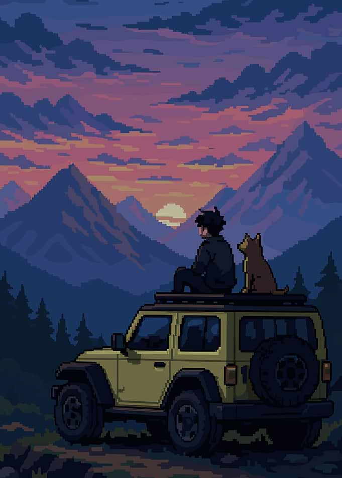 Pixel Art Sunset Adventure with Dog