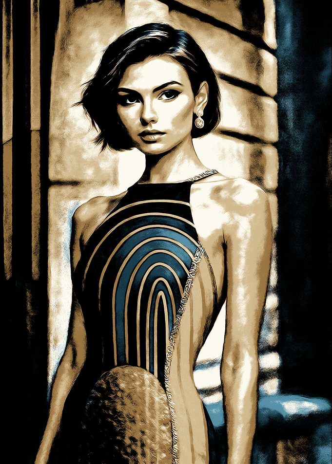 Elegant Woman in Blue Patterned Dress