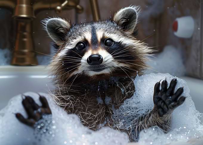 Raccoon in a bubble bath