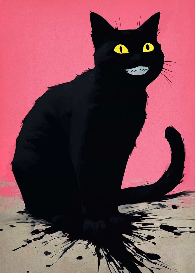 Grinning Black Cat with Ink Splatter