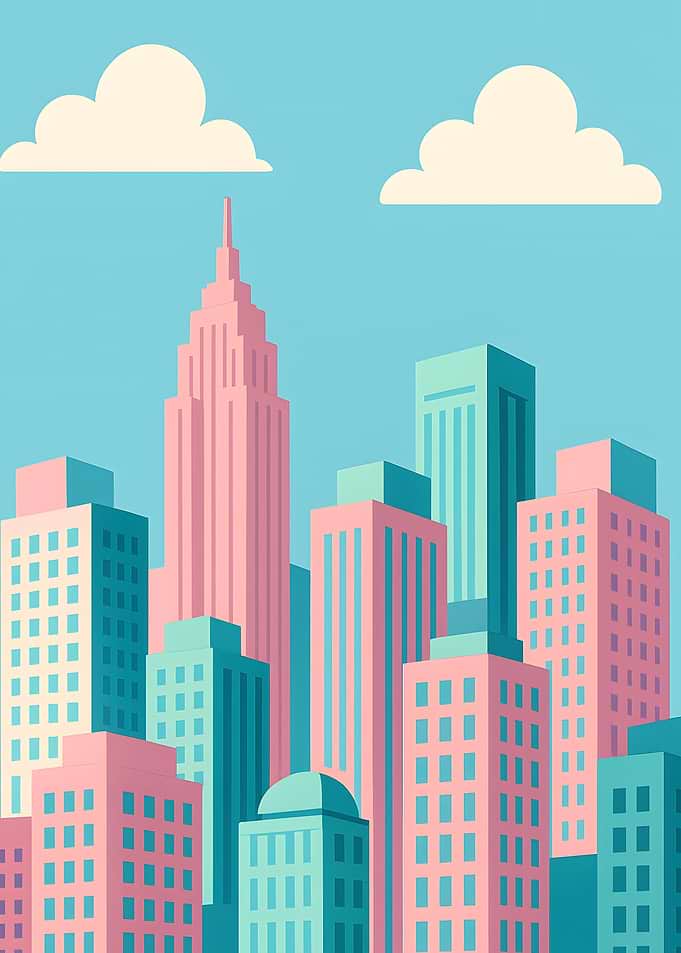 Pastel Cityscape with Skyscrapers and Clouds