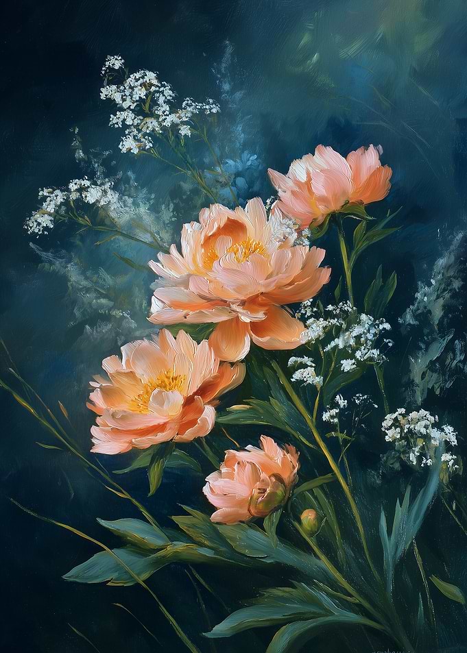 Peach Peonies and White Flowers Painting