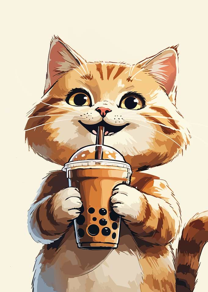 Cat drinking bubble tea illustration