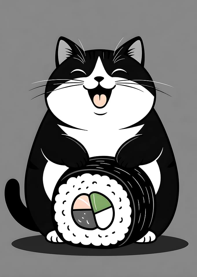 Happy Cat Holding Sushi Roll