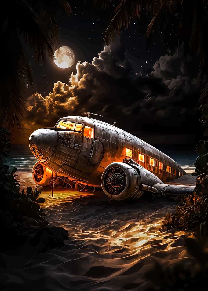 Crashed Airplane Beach Night
