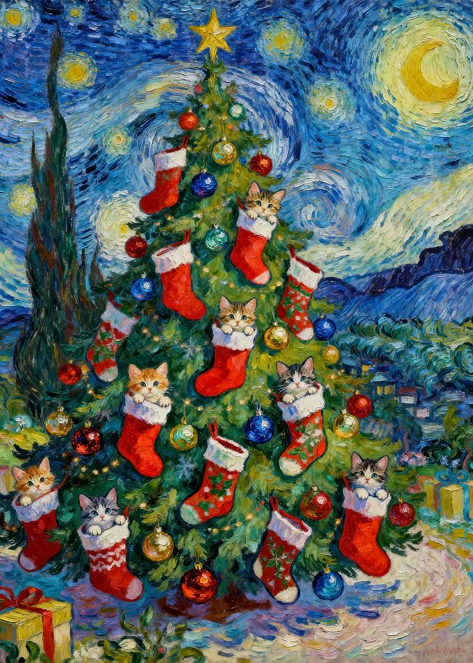 Starry Night Christmas Cats