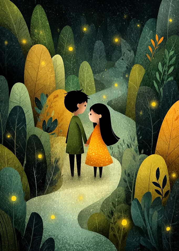 Couple walking in enchanted forest illustration