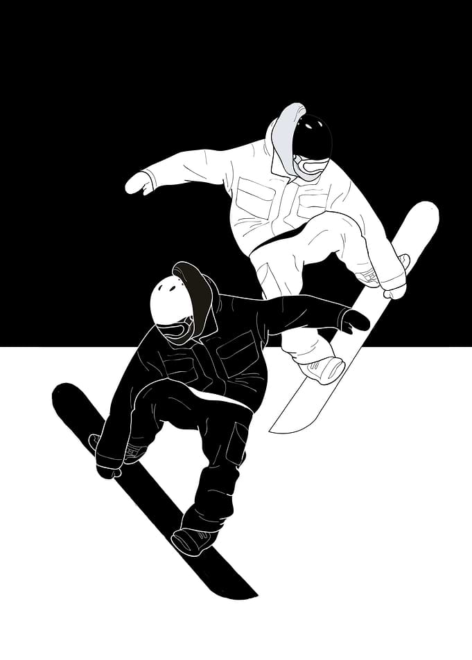 Snowboarders in Black and White