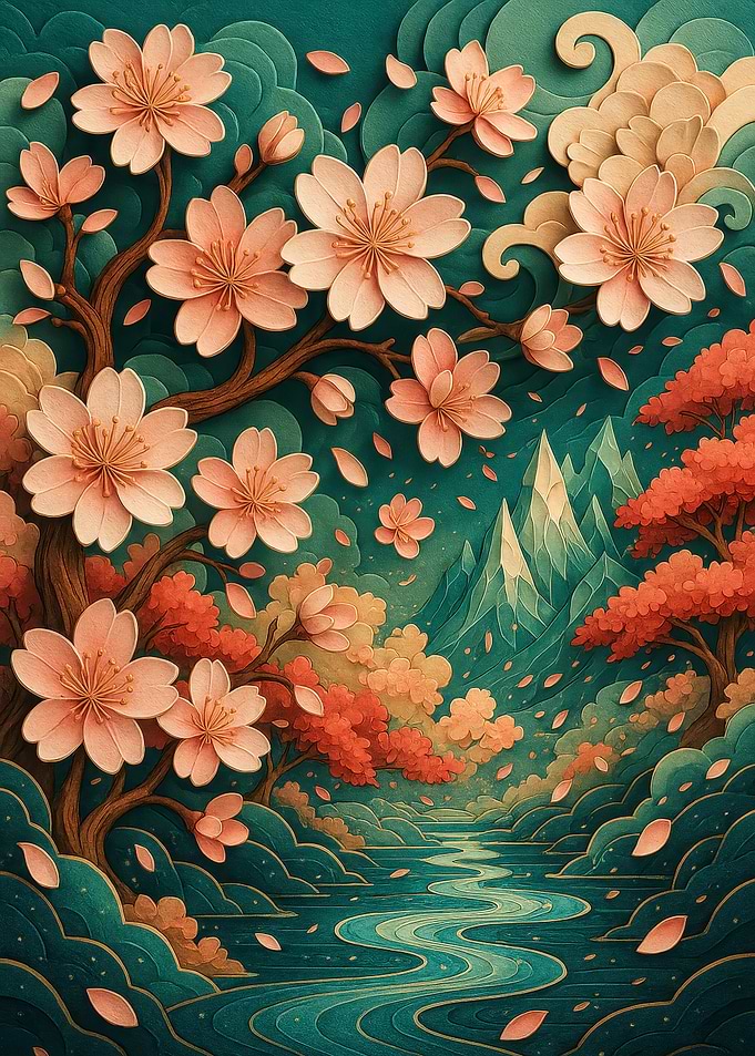 Cherry Blossom Landscape River