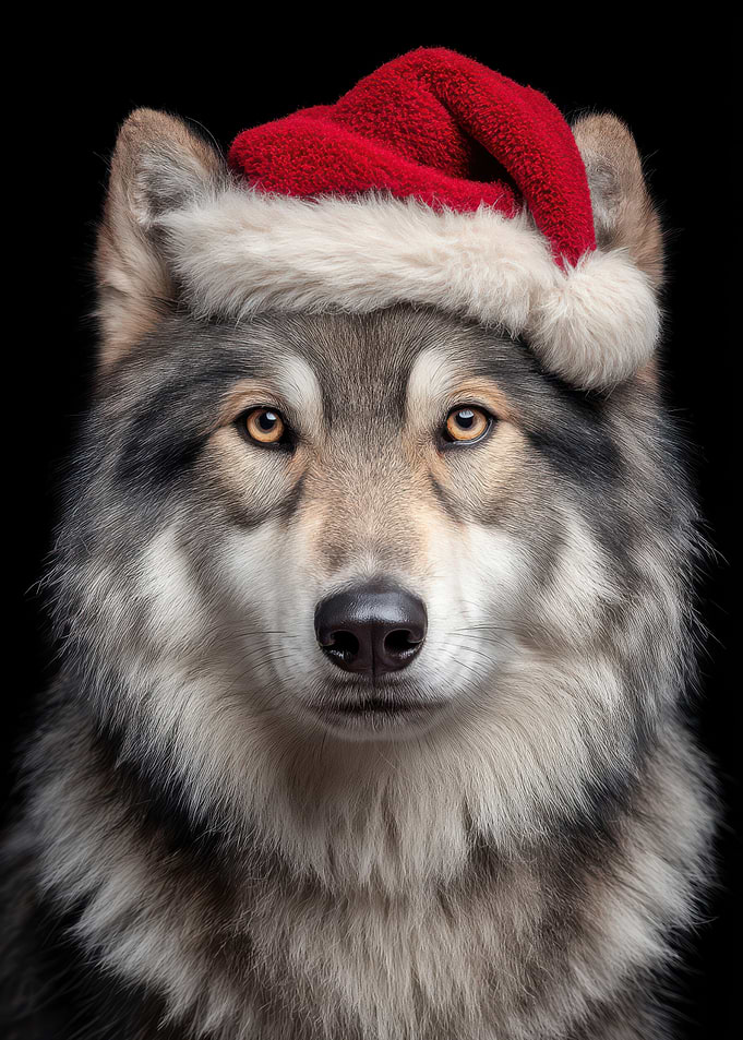 Wolf with Santa Hat Portrait