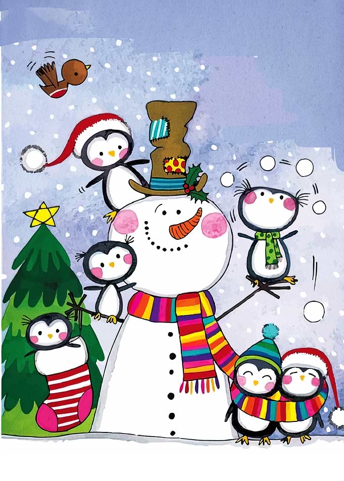 Snowman and Penguins Winter Holiday Scene
