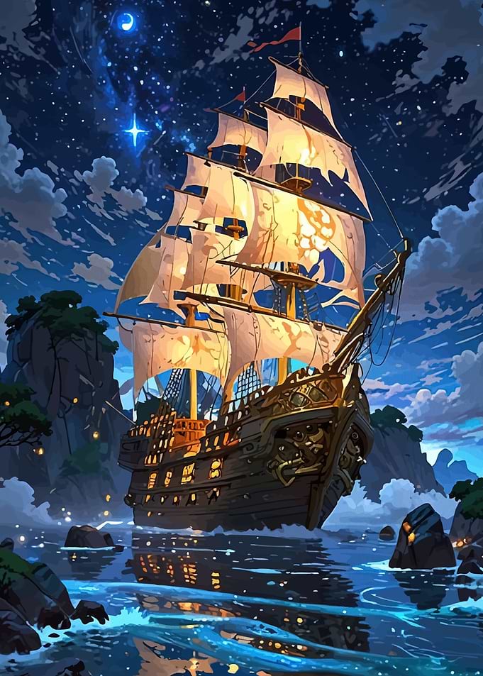 Majestic Galleon Sailing Starry Night