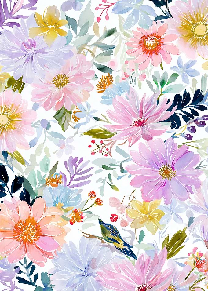 Watercolor Floral Pattern with Bird