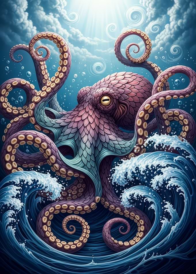 Stylized Octopus in Ocean Waves