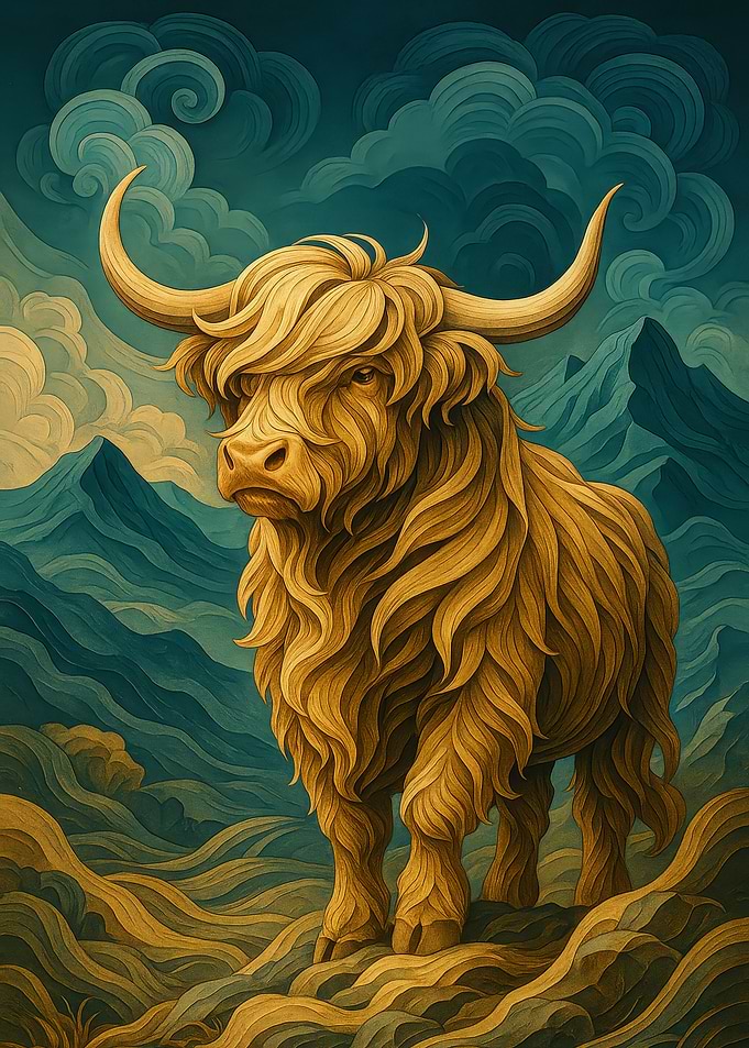 Highland Cow in Mountain Landscape
