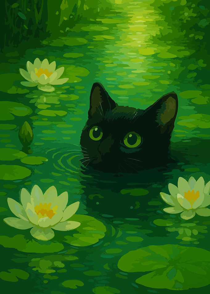 Black Cat in Lily Pond