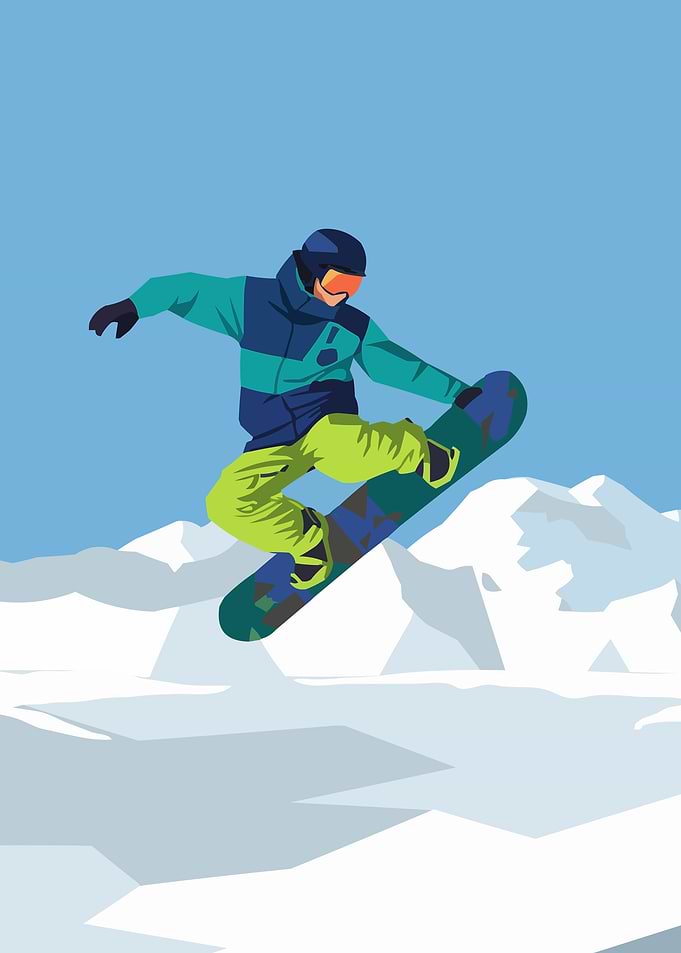 Snowboarder in Mid-Air over Snowy Mountains