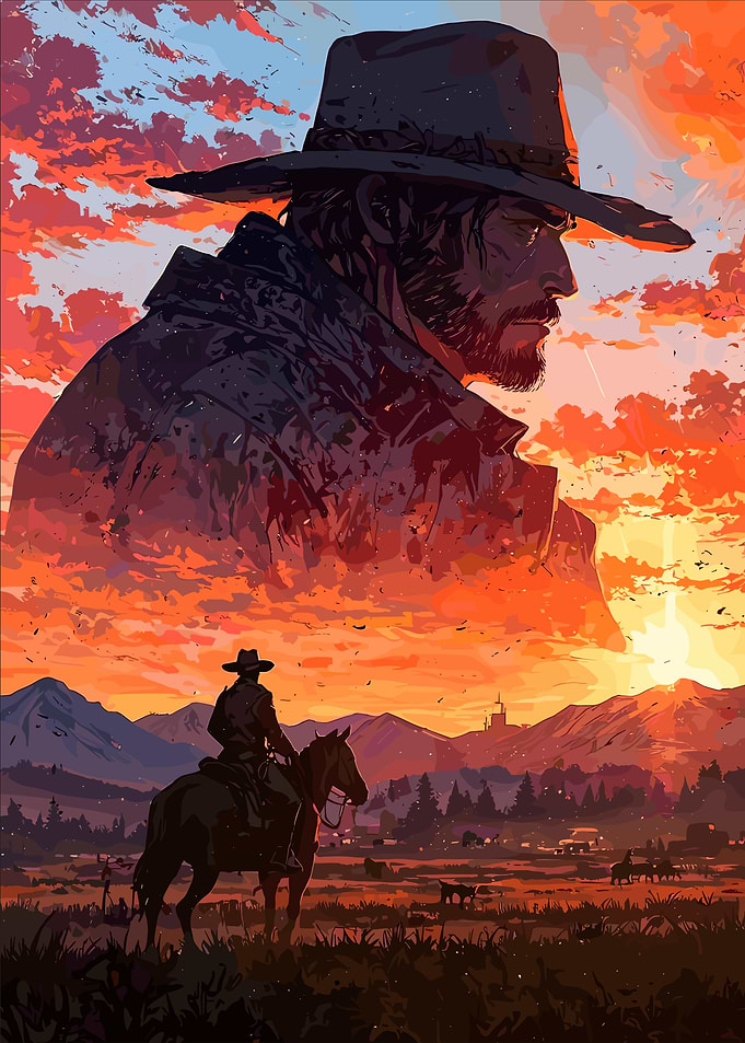 Western Cowboy Sunset Pixel Art