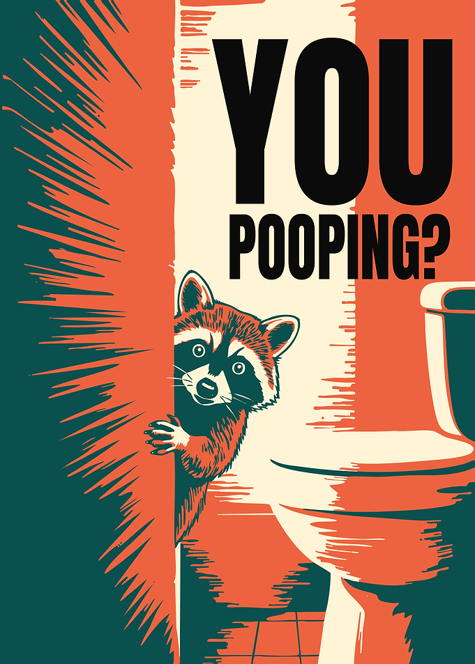 You Pooping? Funny Raccoon Bathroom Wall Art — Retro Pop Humor for Guest & Powder Room Decor