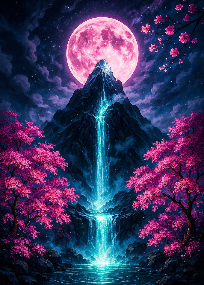 Pink Moon Waterfall Cherry Blossom Landscape