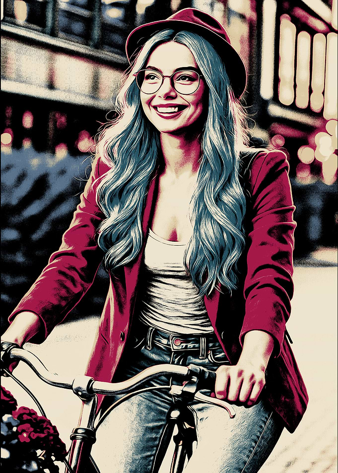 Woman on Bicycle in Cityscape