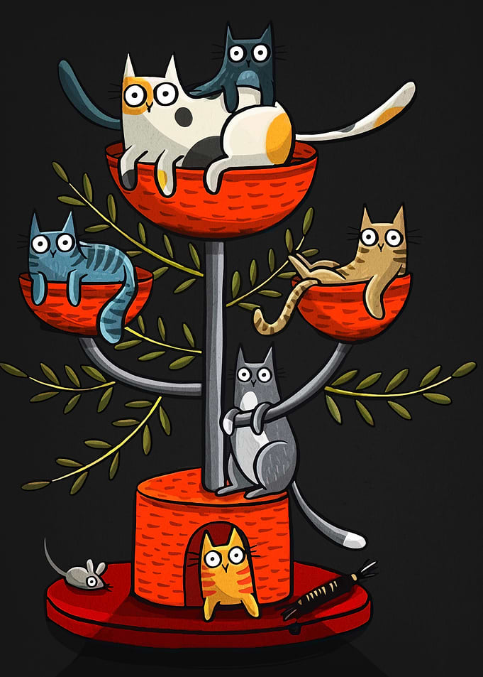 Cartoon Cats on Cat Tree