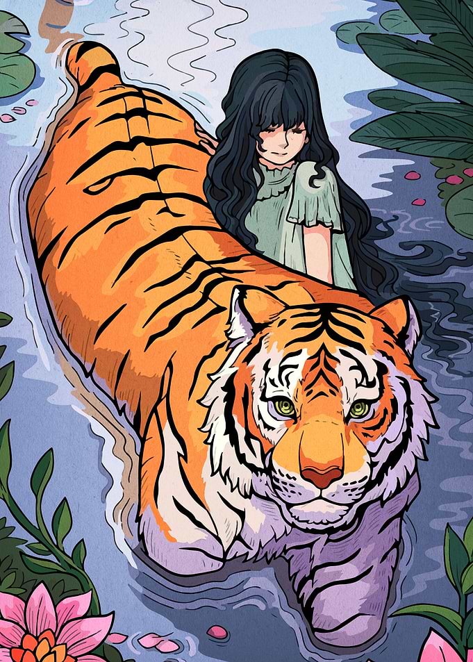 Girl and Tiger in Water