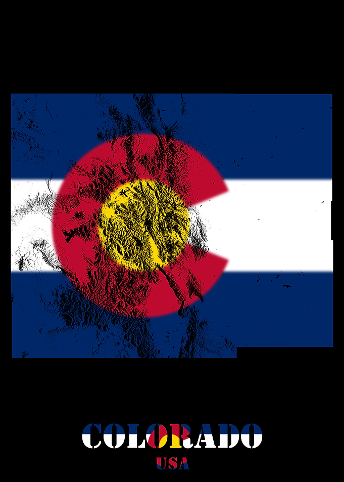 Colorado USA state Topographic Contour Relief Map blending terrain features into its emblematic colorful flag