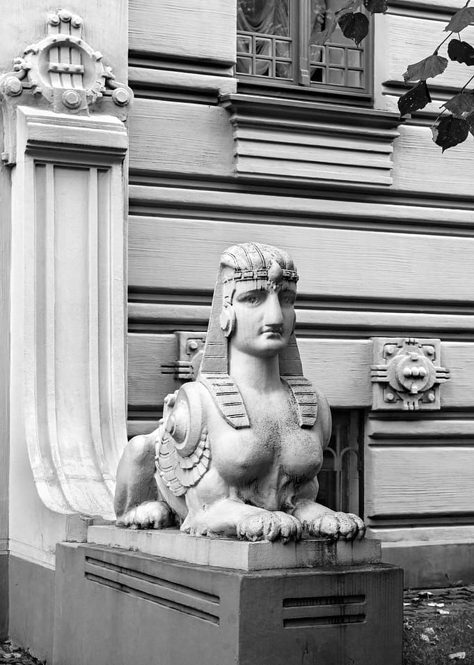 Sphinx Statue Black and White. Alberta street 2A, Riga, Latvia.