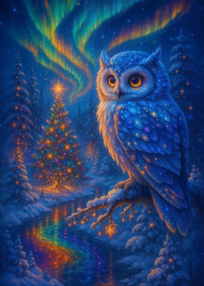 Christmas Snow Owl Under the Northern Lights