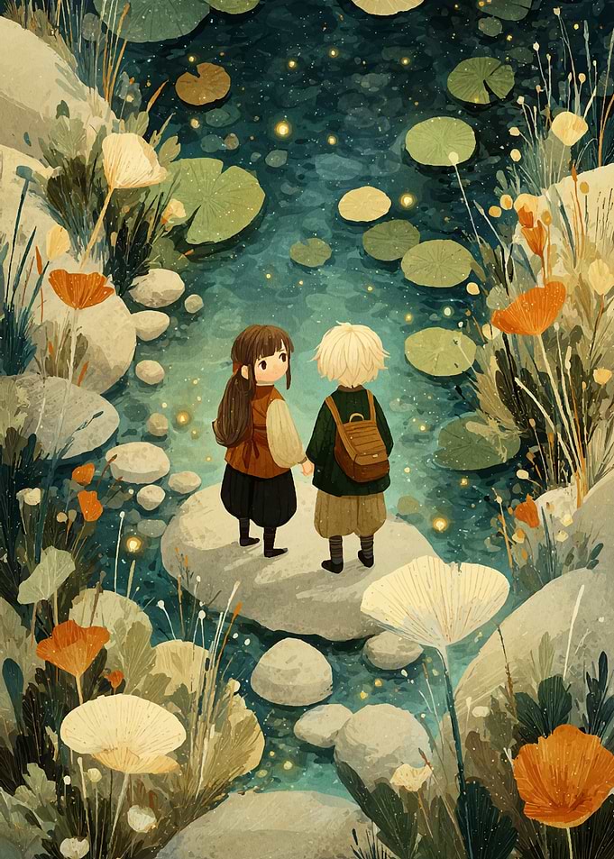 Children by a magical pond
