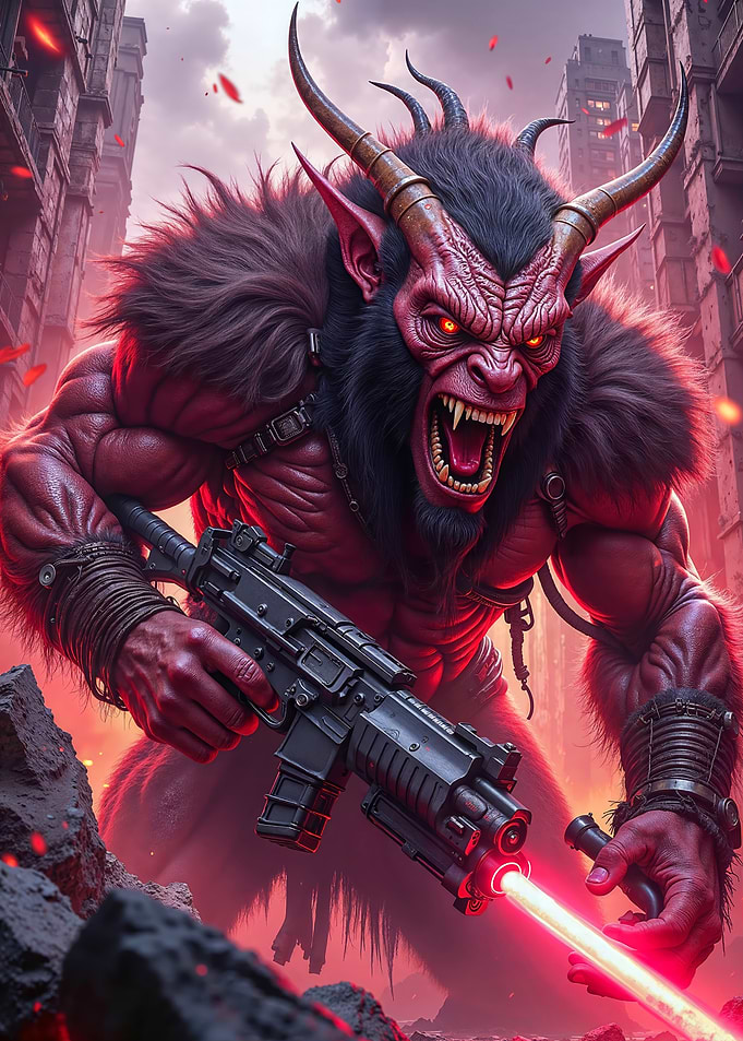 Demonic Warrior with Gun in Ruins