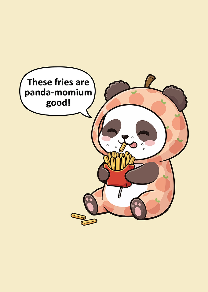 Panda in Peach Costume Eating Fries