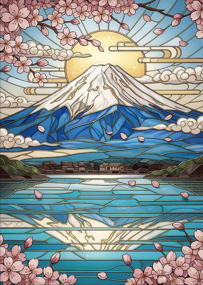 Mount Fuji Cherry Blossom Stained Glass