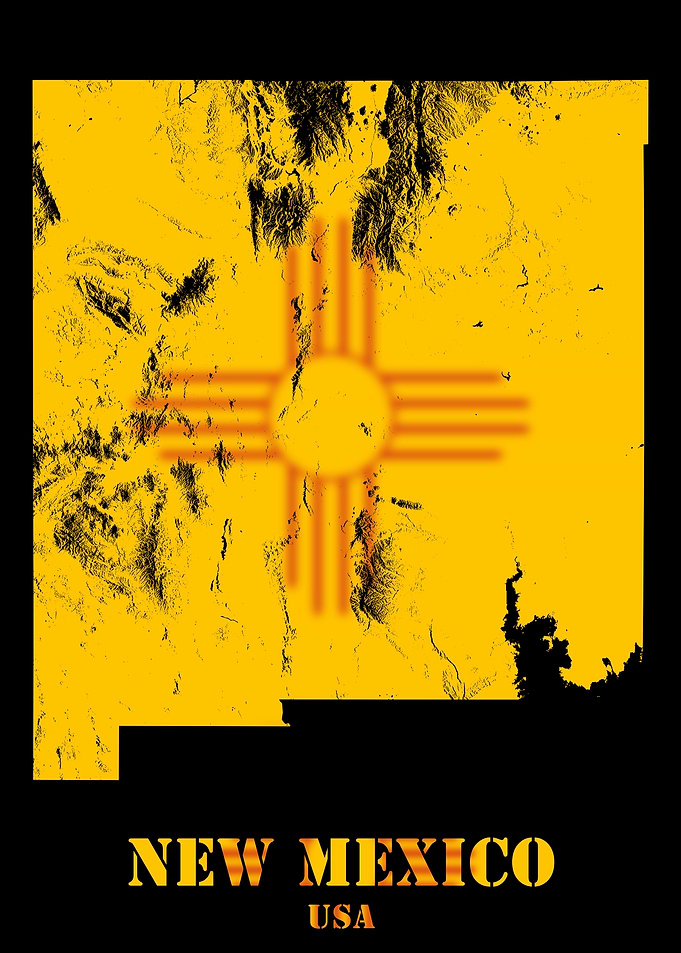 New Mexico USA Topographic Contour Relief Map blending terrain features into its emblematic colorful flag