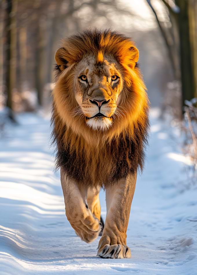 Majestic Lion Walking in Winter Forest