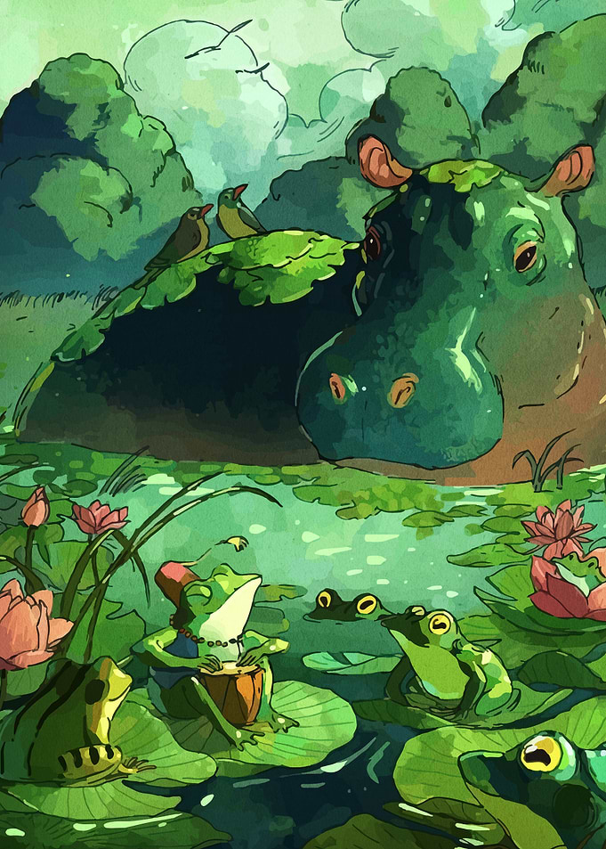 Frogs, Hippo, and Birds in Pond