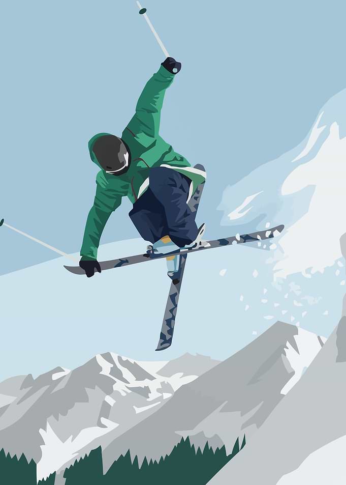 Skier Mid-Air Mountain Landscape Illustration