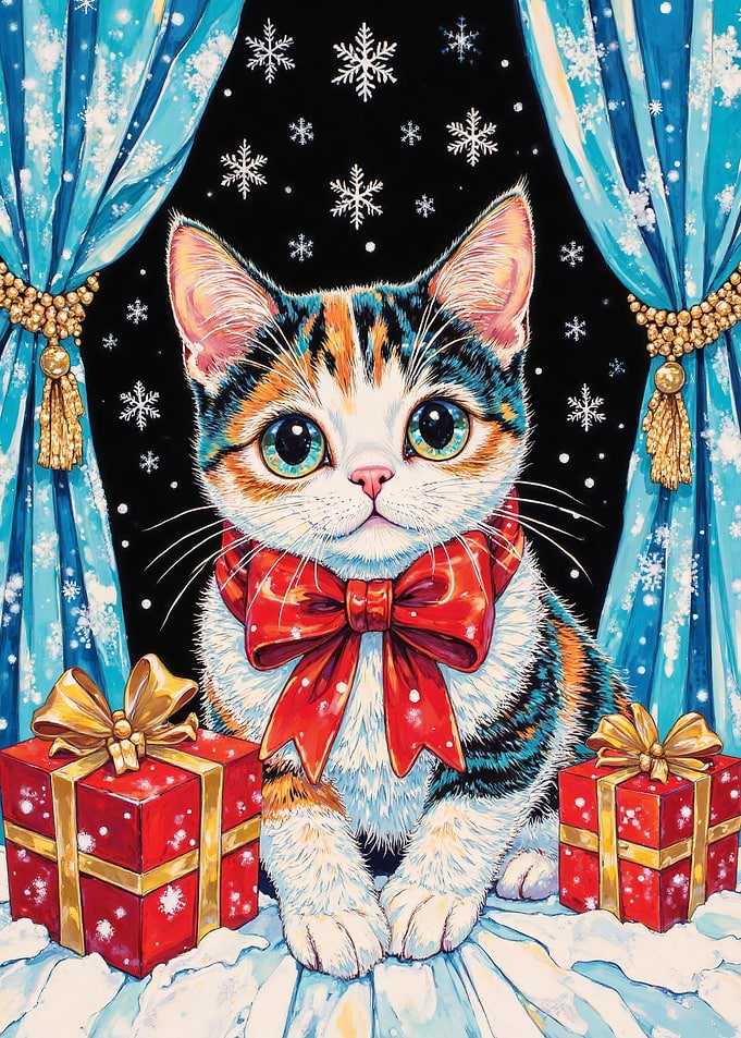 Festive Calico Cat with Gifts