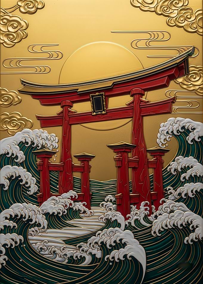 Japanese Torii Gate with Waves