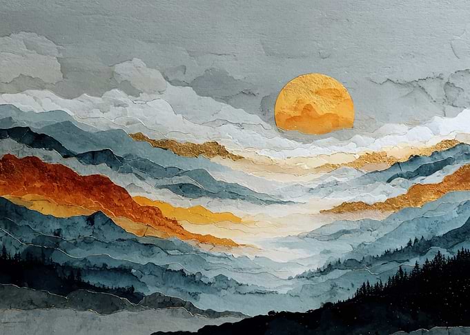 Watercolor Mountain Landscape with Golden Sun
