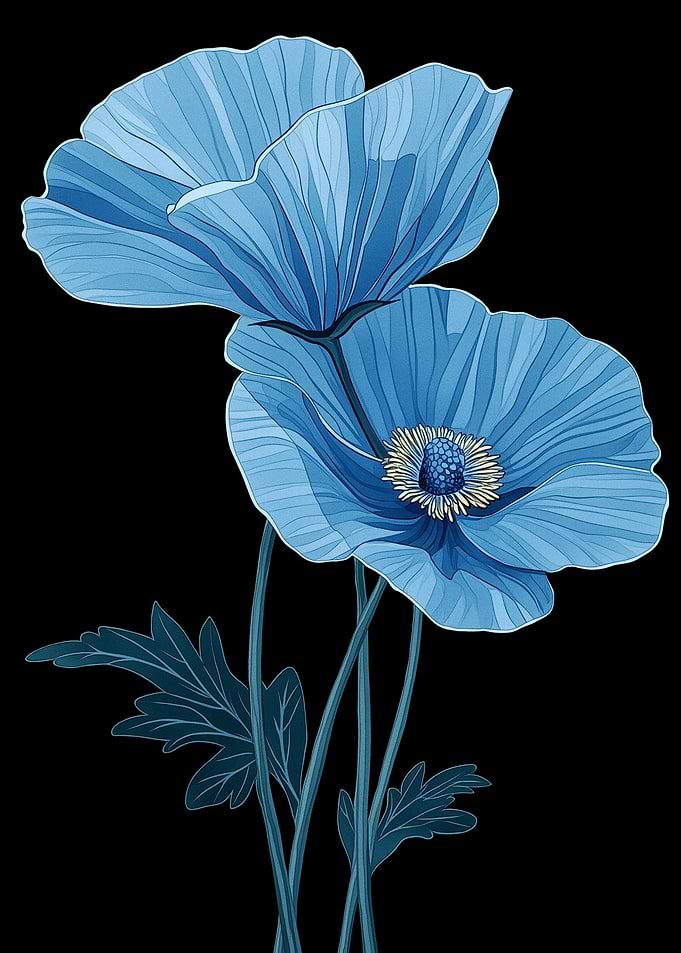 Blue Poppy Flowers on Black Background