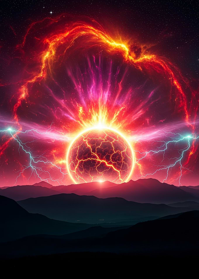 Fiery Planet over Mountain Landscape