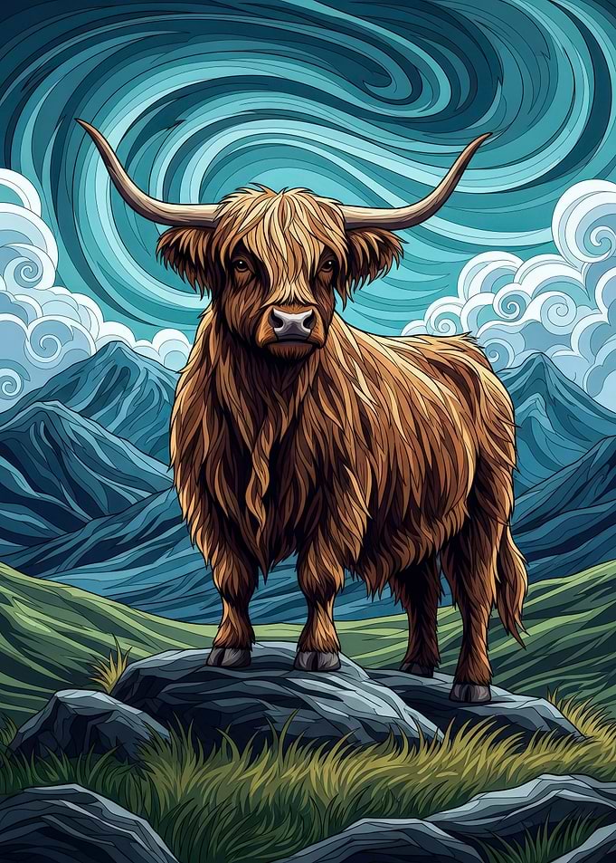 Highland Cow in Mountain Landscape
