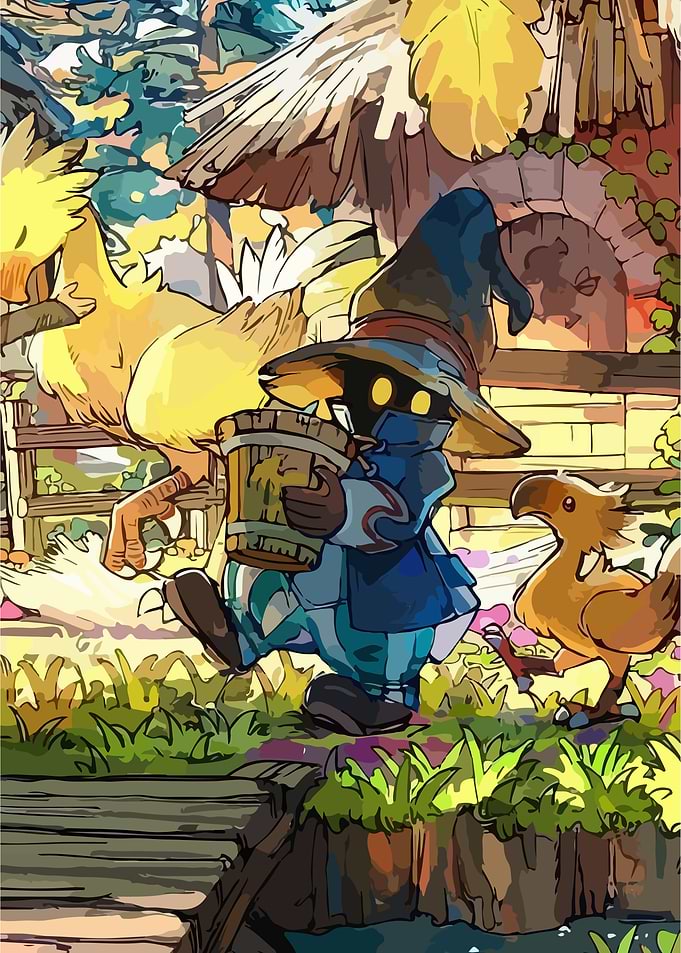 Vivi Ornitier with Chocobos Final Fantasy Illustration