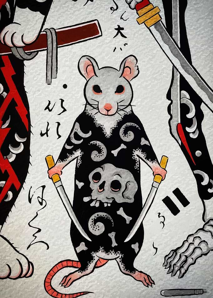 Rat Samurai with Swords and Skull