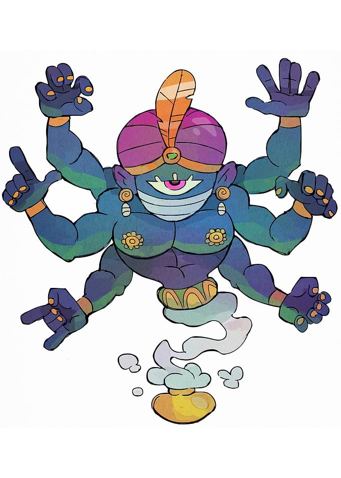 Cartoon Genie with Six Arms