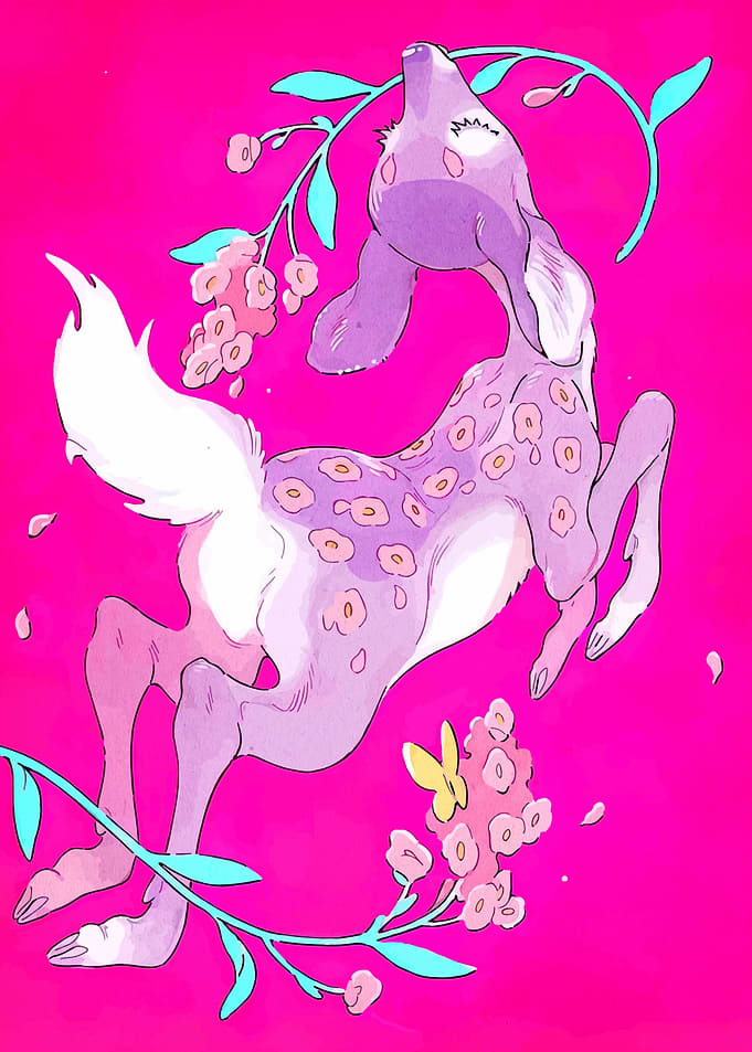 Floral Deer Illustration on Pink Background
