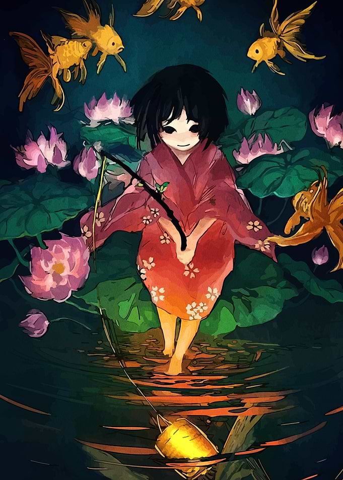 Girl fishing in a lotus pond